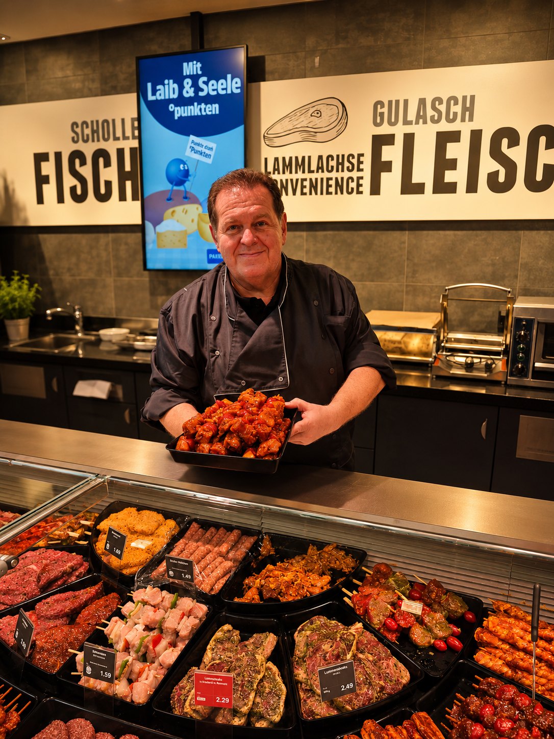 Jo an der Frischetheke im EDEKA Schnalke Eitensheim mit frischen Grillspießen